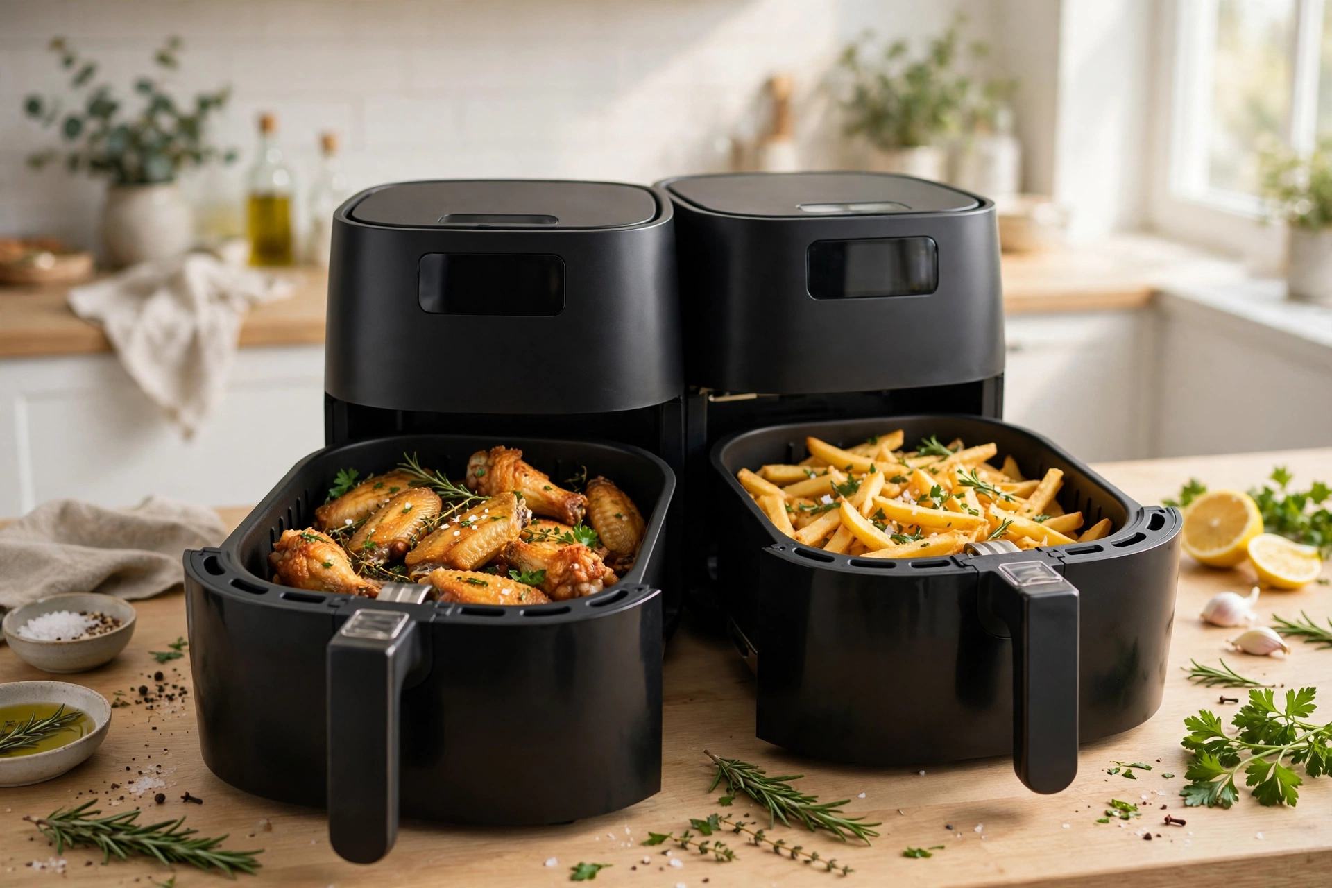 Air fryer with crispy chicken and fries