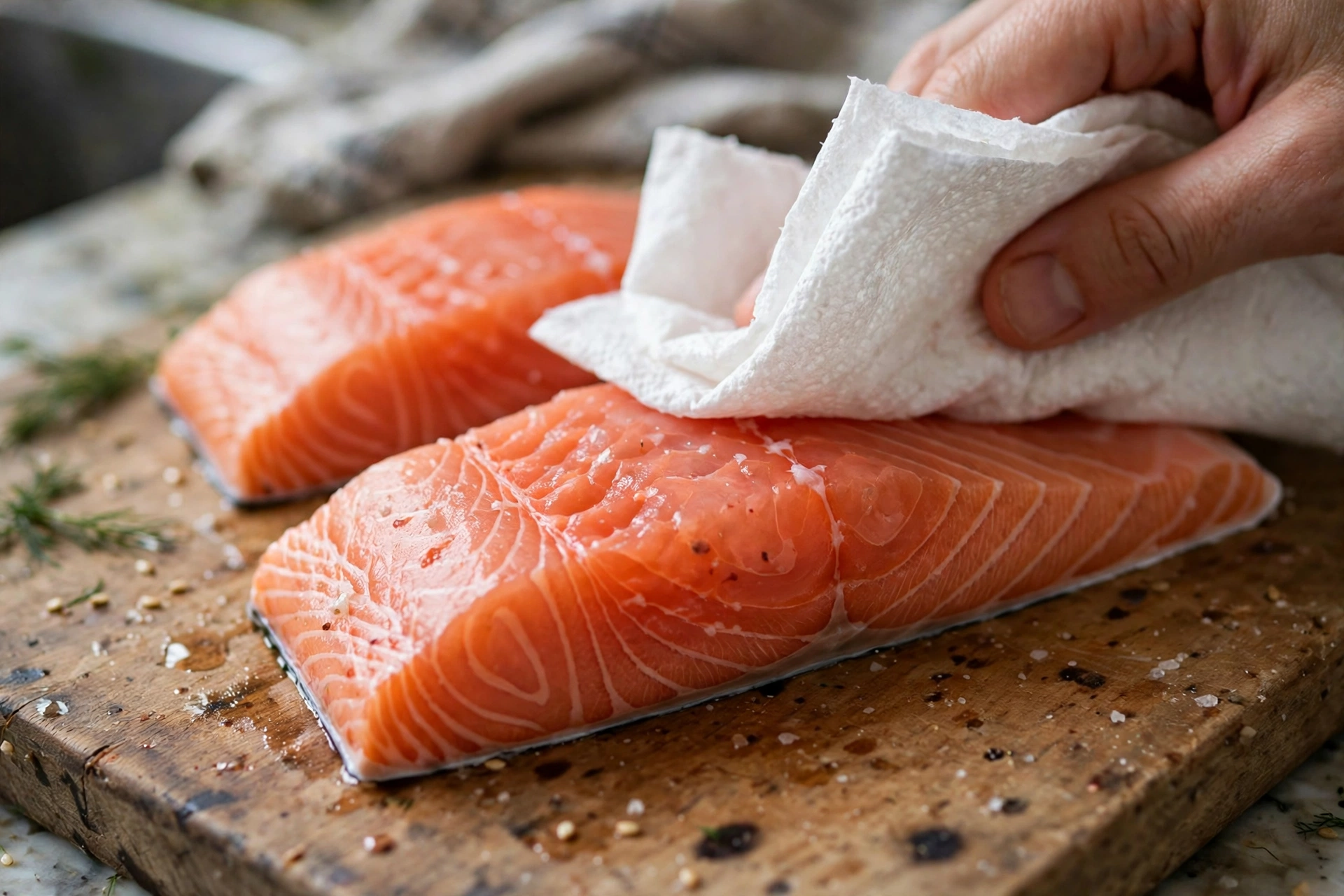 Step 1: patting salmon dry